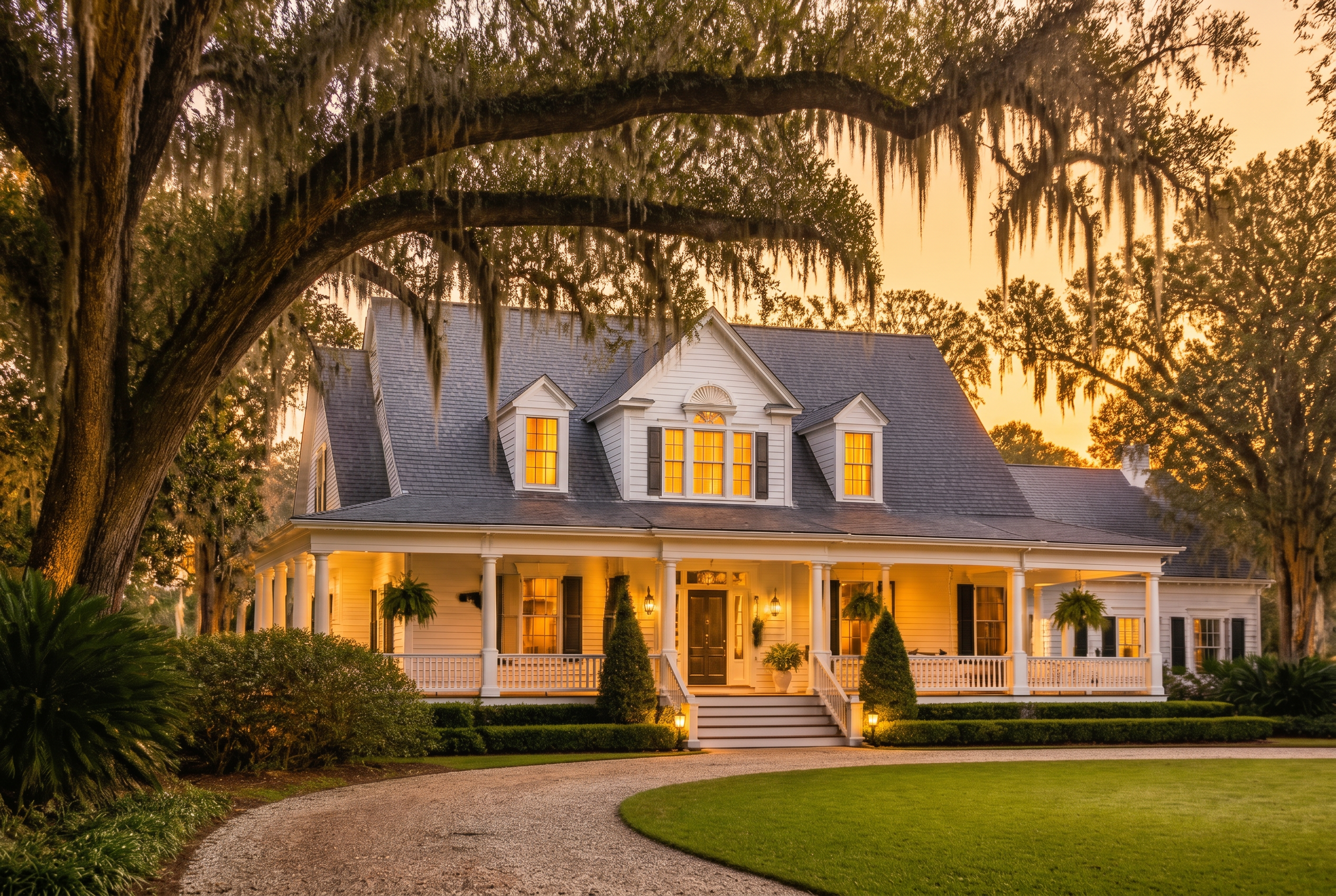 Elegant Louisiana home at twilight framed by live oaks